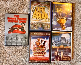 Vtg. Albums - DVD's - Rocky Horror Picture Show. Life of Brian, Holy Grail, Blazing Saddles, Night with the Living Dead