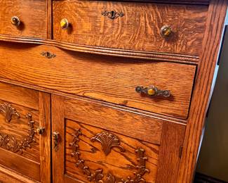 Stunning 2 pc. Vtg 19th Century oak buffet cabinet 