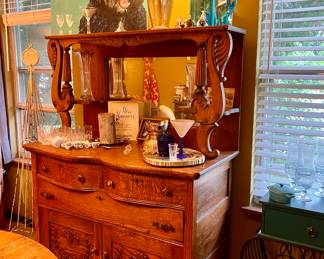 Stunning 2 pc. Vtg 19th Century oak buffet cabinet 