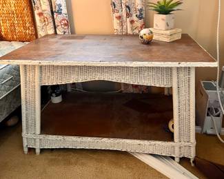 Vtg. Wicker w/wood top table
