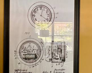 An enlarged framed copy of the July 19, 1915 original patent for an Electric Clock - by Inventor John G. Blessing