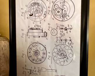 An enlarged framed copy of the Jan 14, 1921  original patent for a rotary dial telephone - "Automatic Calling Device" by Inventor John G. Blessing  see sample of the phone in this patten in the next photo