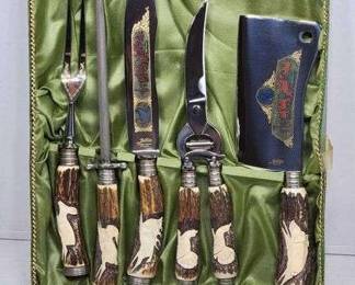 Lublin Solingen Germany. Stainless Steel and Antler Carved Handle 5 Piece Carving Se