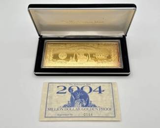 #3022 • 2004 Million Dollar .999 Pure Silver Layered in Pure 24k Gold Bar, 4ozt
