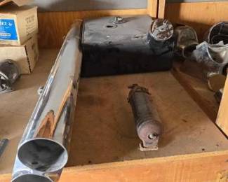 #22028 • Duel Exhaust Pipe, Gas Tank, Vintage Pyrene Fire Extinguisher.
