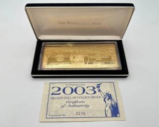#3012 • 2003 Billion Dollar .999 Pure Silver Layered in Pure 24kt Gold Bar, 4ozt
