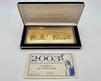 #3010 • 2003 Billion Dollar .999 Pure Silver Layered in Pure 24kt Gold Bar, 4ozt
