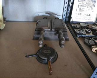 #12082 • Vintage Wagner Twin Cast Iron Waffle Maker and Stover Junior Cast Iron Toy
