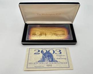 #3040 • 2003 Million Dollar .999 Pure Silver Layered in Pure 24kt Gold Bar, 4ozt
