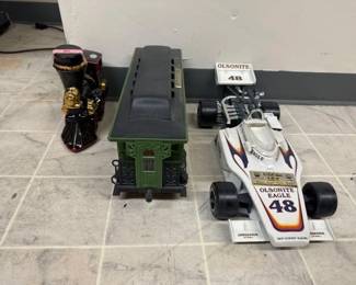 #50612 • 2 Trains Decanters 1 drag car decanter
