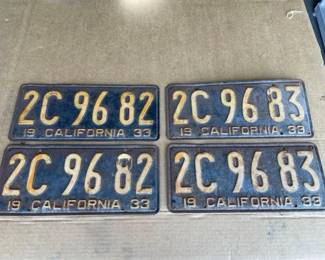 #6510 • 2 Pairs of 1933 Sequential California License Plates
