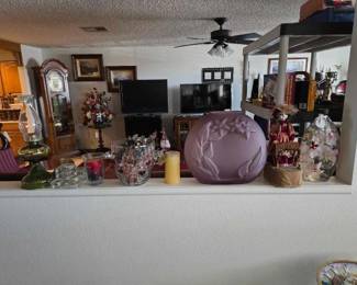 #60048 • Kerosene Lantern 3 Candles Two Vases Porcelain Doll and Floral Decor
