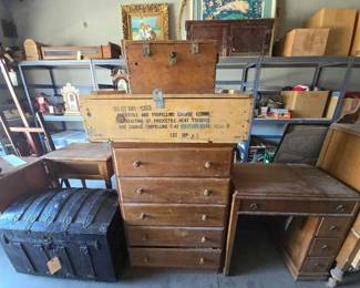 #13618 • Wooden Dresser, Military Ammunition Crate, and Wooden Shipping Box
