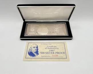 #3116 • 1997 $100 .999 Pure Silver Bar, 4ozt
