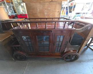 #13606 • Wooden Four Wheel Trolley Bar Cart with Cabinet Storage
