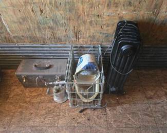 #2300 • Vintage Torch, Craftsman Toolbox, Radiator Heater, and 3M Permissible Helmet Respirator
