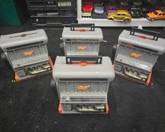 #10756 • (4) Hot Wheels V8 Sto-N-Go Car Carry Cases with Assorted Toy Cars
