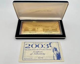 #3006 • 2003 Billion Dollar .999 Pure Silver Layered in Pure 24kt Gold Bar, 4ozt
