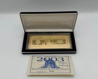#3048 • 2003 Million Dollar .999 Pure Silver Layered in Pure 24k Gold Bar, 4ozt

