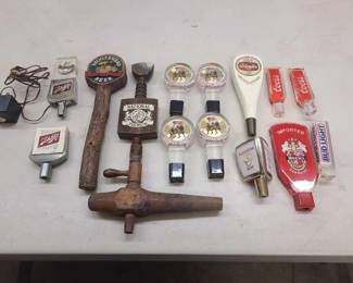#1084 • (14) Beer Tap Handles and (1) Vintage Wooden Bung Tap
