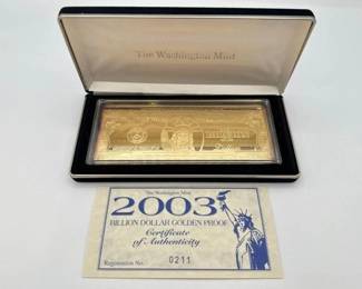 #3008 • 2003 Billion Dollar .999 Pure Silver Layered in Pure 24kt Gold Bar, 4ozt
