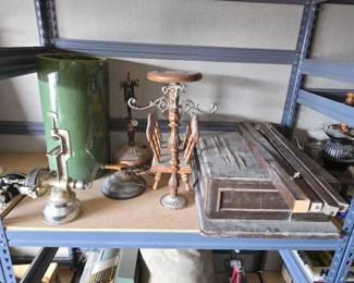 #13070 • Vintage Grain Miller, Vintage Table Lamp, Lamp Base, Ceramic Planter, Vintage Wheeler & Wilson Sewing Machine
