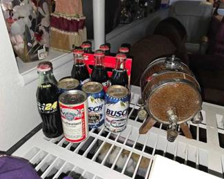 #60510 • Coca-Cola Bottles, Busch Beer Cans, Vintage Budweiser Can, and Barrel
