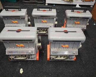 #10754 • (5) Hot Wheels V-8 Sto-N-Go Car Carry Cases with Assorted Toy Cars
