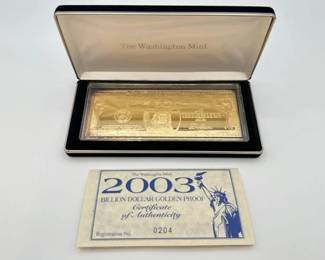 #3004 • 2003 Billion Dollar .999 Pure Silver Layered in Pure 24kt Gold Bar, 4ozt
