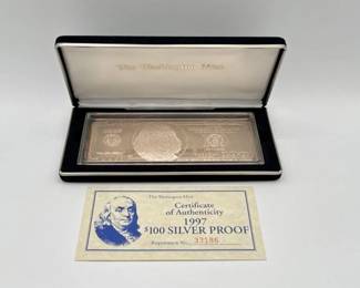#3110 • 1997 $100 .999 Pure Silver Bar, 4ozt
