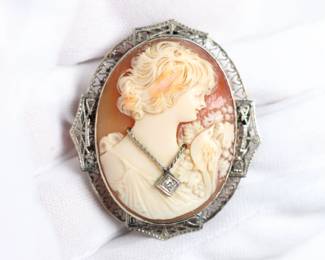 14k White Gold Cameo Diamond Intaglio Filigree 8 Grams Jewelry Gemstone
