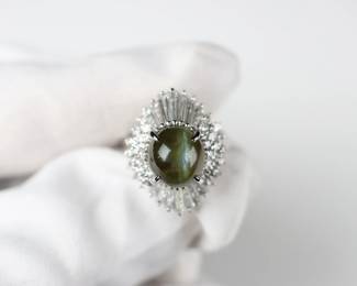 Platinum, Chrysoberyl Cats Eye & Diamond Ring 6.39ctw, 9.59 Grams Natural Gemstone Jewelry Diamonds
