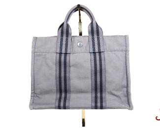 Authentic Hermes Canvas Tote Toto Grey And Black Purse Bag

