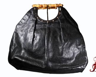 Gucci Handbag Bamboo Handle Black Leather Purse Authentic