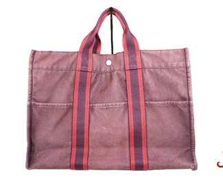 HERMES Tote Bag Furutu Bordeaux Cotton Canvas Authentic PURSE Red
