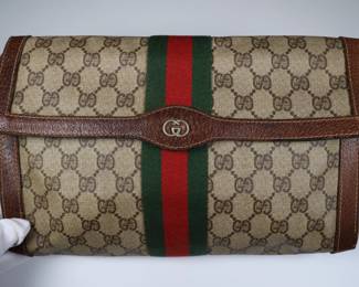 GUCCI GG Supreme Web Sherry Line Clutch Bag PVC Beige Red Authentic
