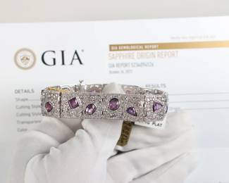 Platinum, GIA Unheated Kashmir Sapphire & Diamond Bracelet 19.64ctw, 41.1 Grams Natural Gemstone Jewelry
