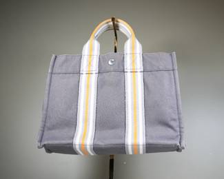 Hermes Purse Sac Fourre-Tout Gray Cotton Canvas Orange Striped Web Tote Bag Authentic
