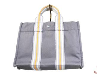 Hermes Purse Sac Fourre-Tout Gray Cotton Canvas Orange Striped Web Tote Bag Authentic

