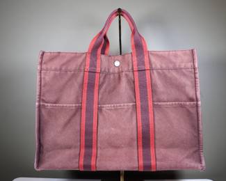 HERMES Tote Bag Furutu Bordeaux Cotton Canvas Authentic PURSE Red
