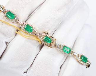 18k Yellow Gold, Natural Emerald & Diamond Bracelet 7.81, 12.9 Grams Oscar Friedman Gemstone Jewelry Diamonds
