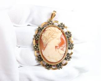 18k Yellow Gold Cameo Pendant Necklace Intaglio Gemstone Jewelry 14 Grams Brooch
