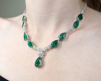 18k White Gold, Natural Emerald And Diamond Necklace 51.58ctw, 46.1 Grams Gemstone Jewelry
