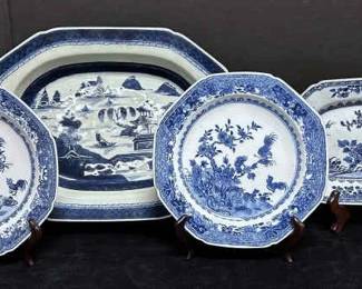Antique China Export Canton Blue White Porcelain Serving Bowl  Plates