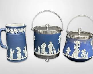 Wedgwood Vintage Blue Jasperware Two Biscuit Barrels And Tall Milk Jug