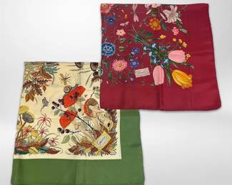  02 Two Gucci Vintage Silk Scarves with Mushroom Floral Designs