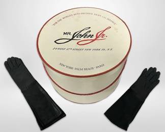 Vintage Hat Box with Two Pairs Of Long Black Leather Gloves