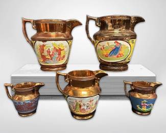 Antique Copper Lustre Pitchers 2 Large, 1 Medium,  2 Small