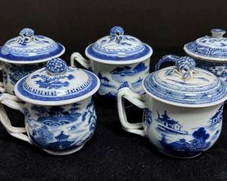 Antique Chinese Export Blue White Canton Porcelain Custard Cups 