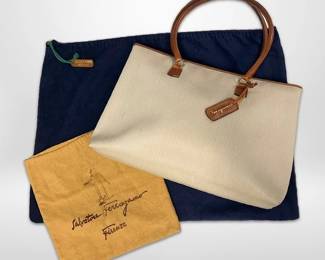 Salvatore Ferragamo Large Canvas And Leather Tote Includes Dust Bag